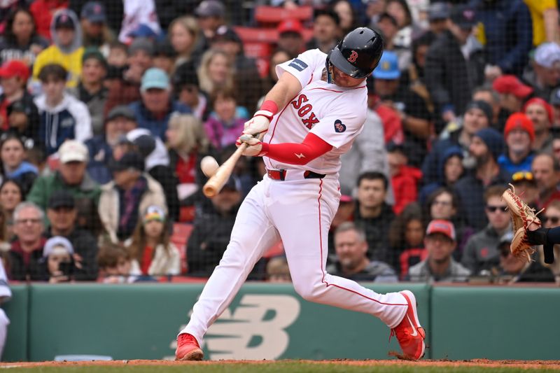 Apr 18, 2024; Boston, Massachusetts, USA; Boston Red Sox catcher Reese McGuire (3) bats against the Cleveland Guardians during the second inning at Fenway Park. Mandatory Credit: Eric Canha-USA TODAY Sports