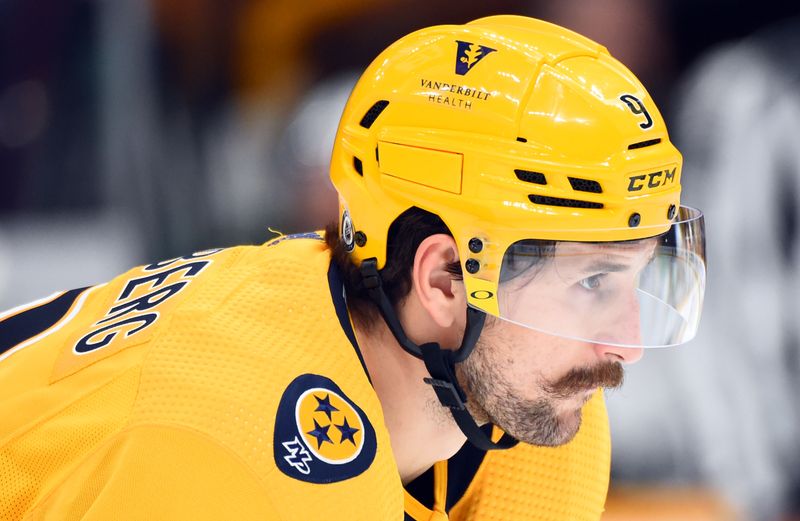 Oct 13, 2022; Nashville, Tennessee, USA; Nashville Predators left wing Filip Forsberg (9) during the third period against the Dallas Stars at Bridgestone Arena. Mandatory Credit: Christopher Hanewinckel-USA TODAY Sports