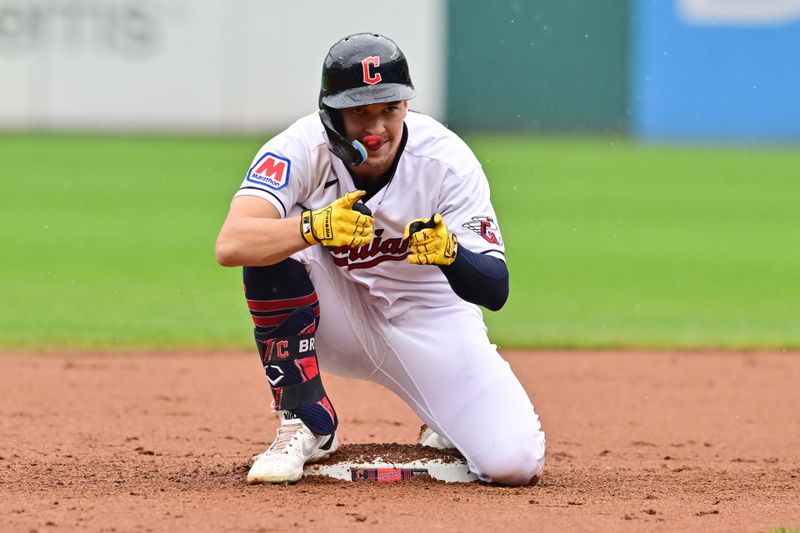 Sep 6, 2023; Cleveland, Ohio, USA; Cleveland Guardians left fielder Will Brennan (17) celebrates after hitting an RBI double during the fourth inning against the Minnesota Twins at Progressive Field. Mandatory Credit: Ken Blaze-USA TODAY Sports