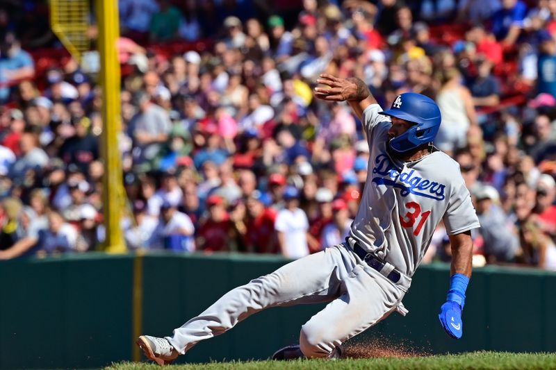 Aug 27, 2023; Boston, Massachusetts, USA; Los Angeles Dodgers shortstop Amed Rosario (31) steals second base during the seventh inning against the Boston Red Sox at Fenway Park. Mandatory Credit: Eric Canha-USA TODAY Sports