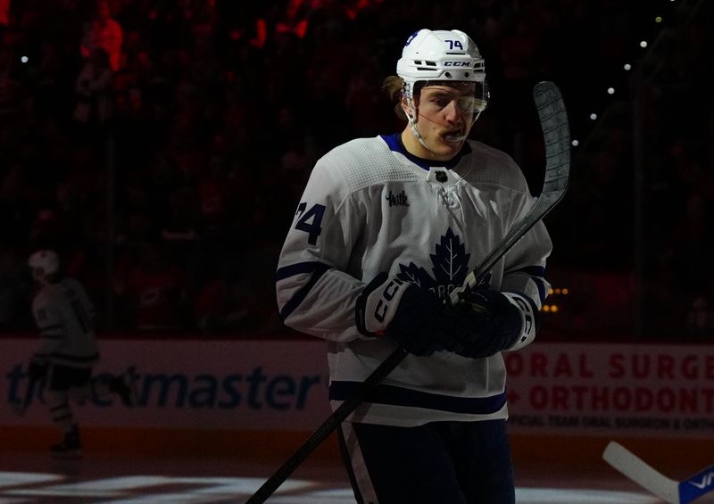 Mar 24, 2024; Raleigh, North Carolina, USA;  Toronto Maple Leafs center Bobby McMann (74) looks on before the start of the game against the Carolina Hurricanes at PNC Arena. Mandatory Credit: James Guillory-USA TODAY Sports