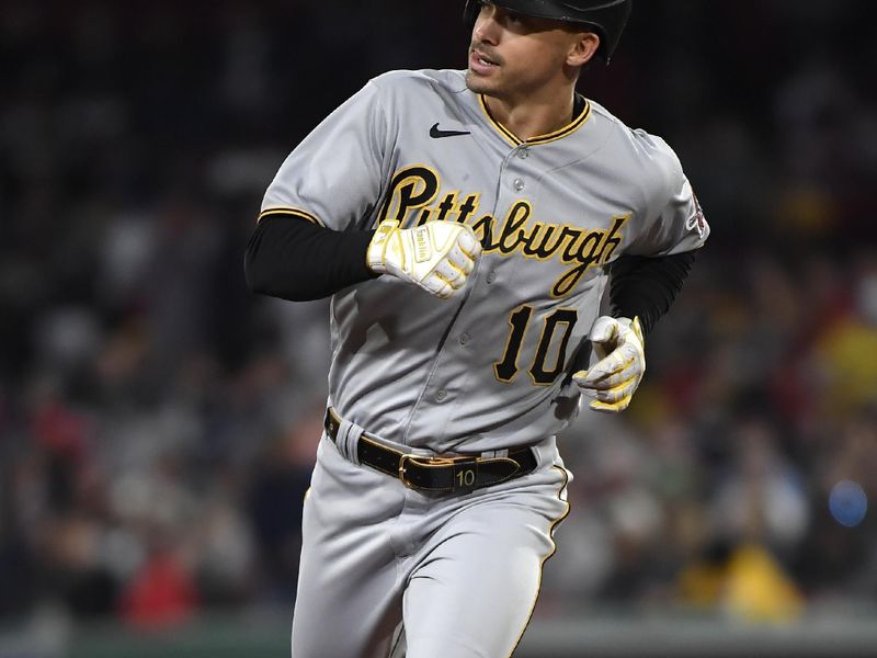 Apr 4, 2023; Boston, Massachusetts, USA;  Pittsburgh Pirates center fielder Bryan Reynolds (10) rounds the basses after hitting a home run during the third inning against the Boston Red Sox at Fenway Park. Mandatory Credit: Bob DeChiara-USA TODAY Sports