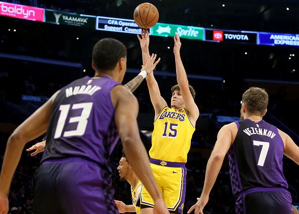 Los Angeles, CA -  Lakers guard Austin Reaves shoots against the Kings in the first half at crypto.com Arena in Los Angeles on Wednesday night, Nov. 15, 2023. (Luis Sinco / Los Angeles Times via Getty Images)