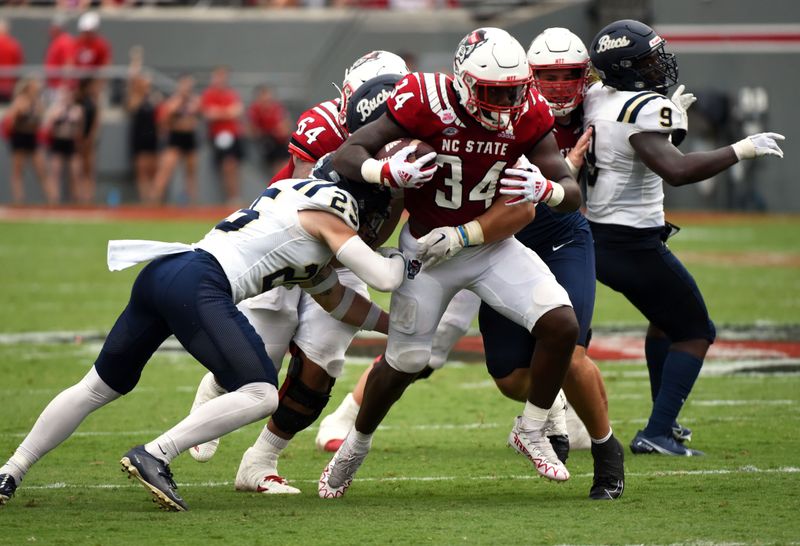 Sep 10, 2022; Raleigh, North Carolina, USA; North Carolina State Wolfpack running back Delbert Mimms III (34) runs the ball during the second half against the Charleston Southern Buccaneers at Carter-Finley Stadium. Mandatory Credit: Rob Kinnan-USA TODAY Sports