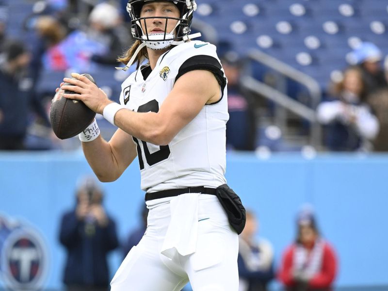 Jacksonville Jaguars quarterback Trevor Lawrence (16) warms up before an NFL football game against the Tennessee Titans Sunday, Jan. 7, 2024, in Nashville, Tenn. (AP Photo/John Amis)