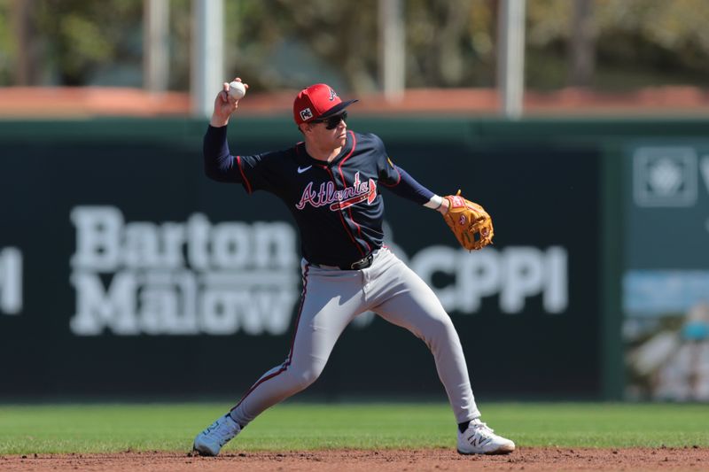 Feb 28, 2025; Jupiter, Florida, USA; Atlanta Braves shortstop Nick Allen (60) throws to first base and retires Miami Marlins catcher Liam Hicks (not pictured) during the second inning at Roger Dean Chevrolet Stadium. Mandatory Credit: Sam Navarro-Imagn Images