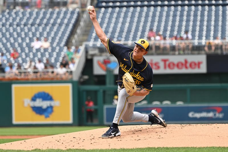 Aug 4, 2024; Washington, District of Columbia, USA; Milwaukee Brewers starting pitcher Tobias Myers (36) throws a pitch against the Washington Nationals during the first inning at Nationals Park. Mandatory Credit: Rafael Suanes-USA TODAY Sports