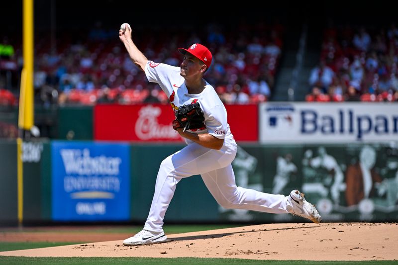 Jul 31, 2024; St. Louis, Missouri, USA;  St. Louis Cardinals starting pitcher Michael McGreevy (36) pitched against the Texas Rangers during the first inning of his Major League Debut at Busch Stadium. Mandatory Credit: Jeff Curry-USA TODAY Sports