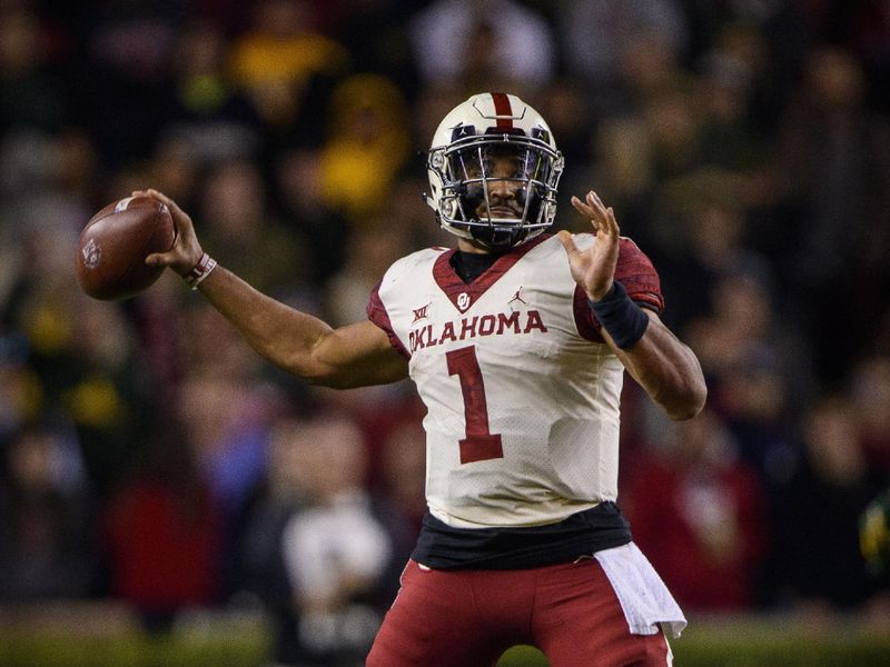 Nov 16, 2019; Waco, TX, USA; Oklahoma Sooners quarterback Jalen Hurts (1) passes the ball against the Baylor Bears during the second half at McLane Stadium. Mandatory Credit: Jerome Miron-USA TODAY Sports