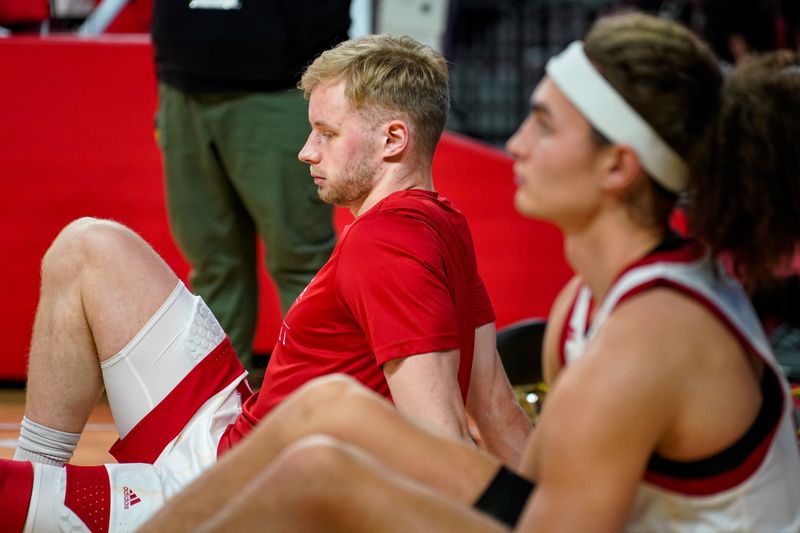 Jan 3, 2024; Lincoln, Nebraska, USA; Nebraska Cornhuskers forward Rienk Mast (51) and forward Josiah Allick (53) stretch before the game against the Indiana Hoosiers at Pinnacle Bank Arena. Mandatory Credit: Dylan Widger-USA TODAY Sports