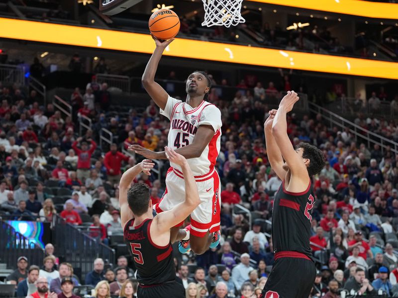 Mar 9, 2023; Las Vegas, NV, USA; Arizona Wildcats guard Cedric Henderson Jr. (45) shoots over Stanford Cardinal guard Michael O'Connell (5) and Stanford Cardinal forward Brandon Angel (23) during the second half at T-Mobile Arena. Mandatory Credit: Stephen R. Sylvanie-USA TODAY Sports