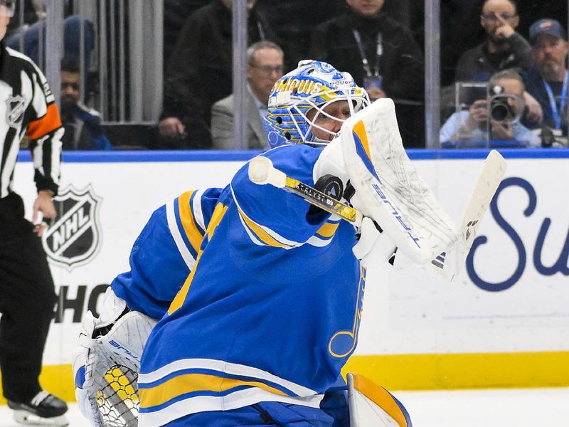 Oct 21, 2025; St. Louis, Missouri, USA; St. Louis Blues goaltender Jordan Binnington (50) defends the net against the Los Angeles Kings during the first period at Enterprise Center. Mandatory Credit: Jeff Curry-Imagn Images