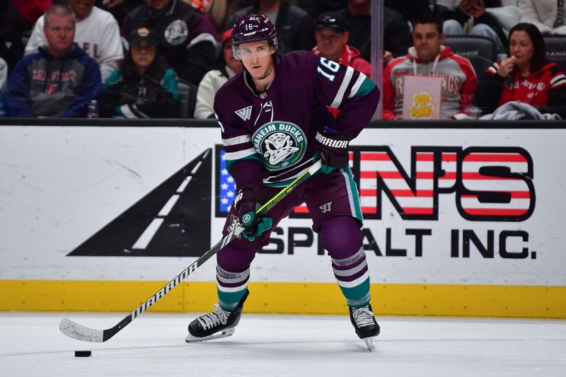 Jan 7, 2024; Anaheim, California, USA; Anaheim Ducks center Ryan Strome (16) controls the puck against the Detroit Red Wings during the second period at Honda Center. Mandatory Credit: Gary A. Vasquez-USA TODAY Sports