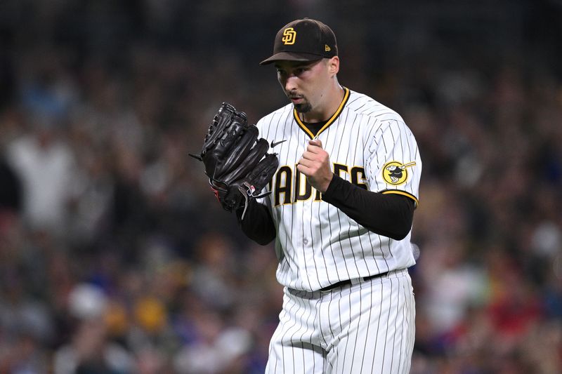 Jul 8, 2023; San Diego, California, USA; San Diego Padres starting pitcher Blake Snell (4) reacts after the last out of the top of the sixth inning was recorded against the New York Mets at Petco Park. Mandatory Credit: Orlando Ramirez-USA TODAY Sports