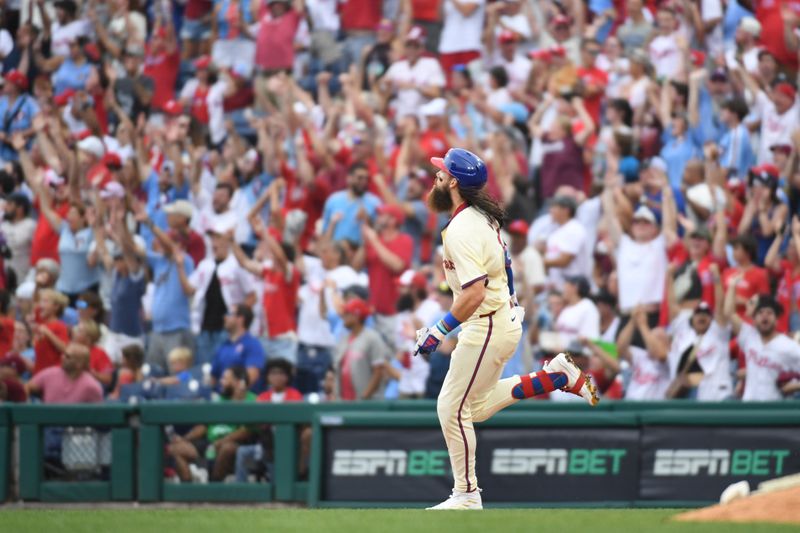 Aug 18, 2024; Philadelphia, Pennsylvania, USA; Philadelphia Phillies outfielder Brandon Marsh (16) runs the bases after hitting a home run during the sixth inning against the Washington Nationals at Citizens Bank Park. Mandatory Credit: Eric Hartline-USA TODAY Sports