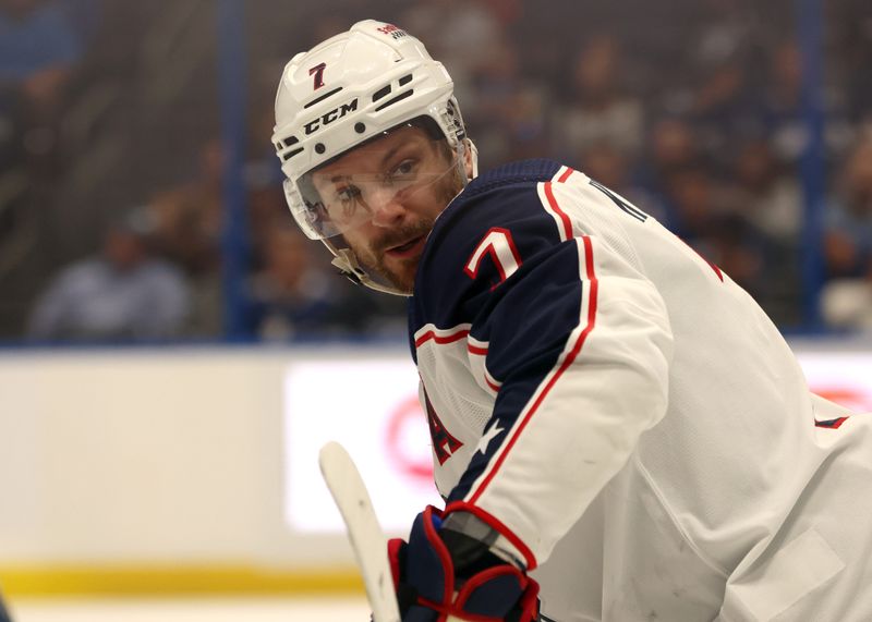 Apr 9, 2024; Tampa, Florida, USA; Columbus Blue Jackets center Sean Kuraly (7) looks on against the Tampa Bay Lightning during the first period at Amalie Arena. Mandatory Credit: Kim Klement Neitzel-USA TODAY Sports