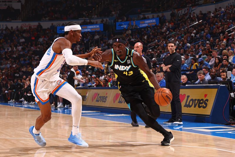 OKLAHOMA CITY, OK - MARCH 12: Pascal Siakam #43 of the Indiana Pacers handles the ball during the game against the Oklahoma City Thunder on March 12, 2024 at Paycom Arena in Oklahoma City, Oklahoma. NOTE TO USER: User expressly acknowledges and agrees that, by downloading and or using this photograph, User is consenting to the terms and conditions of the Getty Images License Agreement. Mandatory Copyright Notice: Copyright 2024 NBAE (Photo by Zach Beeker/NBAE via Getty Images)