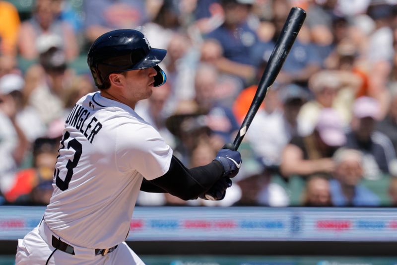 May 26, 2025; Detroit, Michigan, USA;  Detroit Tigers catcher Dillon Dingler (13) hits an RBI single in the fourth inning against the San Francisco Giants at Comerica Park. Mandatory Credit: Rick Osentoski-Imagn Images