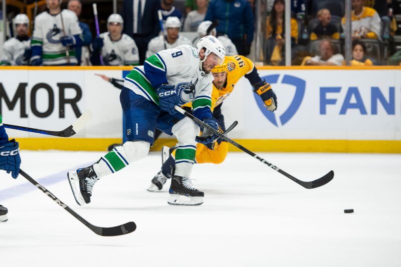 May 3, 2024; Nashville, Tennessee, USA; Nashville Predators left wing Filip Forsberg (9) skates with the puck  during the second period in game six of the first round of the 2024 Stanley Cup Playoffs at Bridgestone Arena. Mandatory Credit: Steve Roberts-USA TODAY Sports