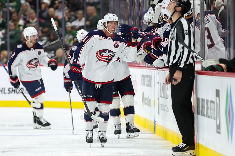 Oct 10, 2024; Saint Paul, Minnesota, USA; Columbus Blue Jackets left wing James van Riemsdyk (21) celebrates his goal with teammates during the second period against the Minnesota Wild at Xcel Energy Center. Mandatory Credit: Matt Krohn-Imagn Images