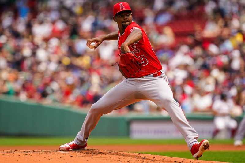 Jun 4, 2025; Boston, Massachusetts, USA; Los Angeles Angels pitcher José Soriano (59) throws a pitch against the Boston Red Sox in the first inning at Fenway Park. Mandatory Credit: David Butler II-Imagn Images