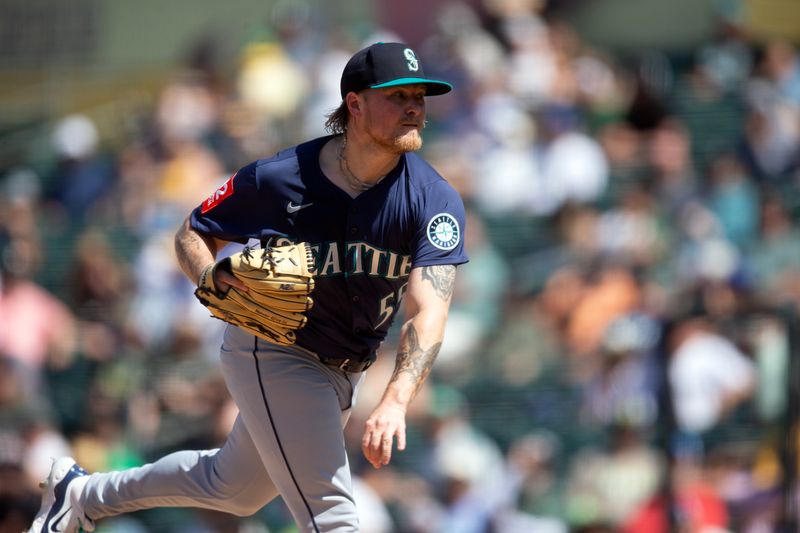 May 7, 2025; West Sacramento, California, USA; Seattle Mariners pitcher Gabe Speier (55) delivers a pitch against the Athletics during the eighth inning at Sutter Health Park. Mandatory Credit: D. Ross Cameron-Imagn Images