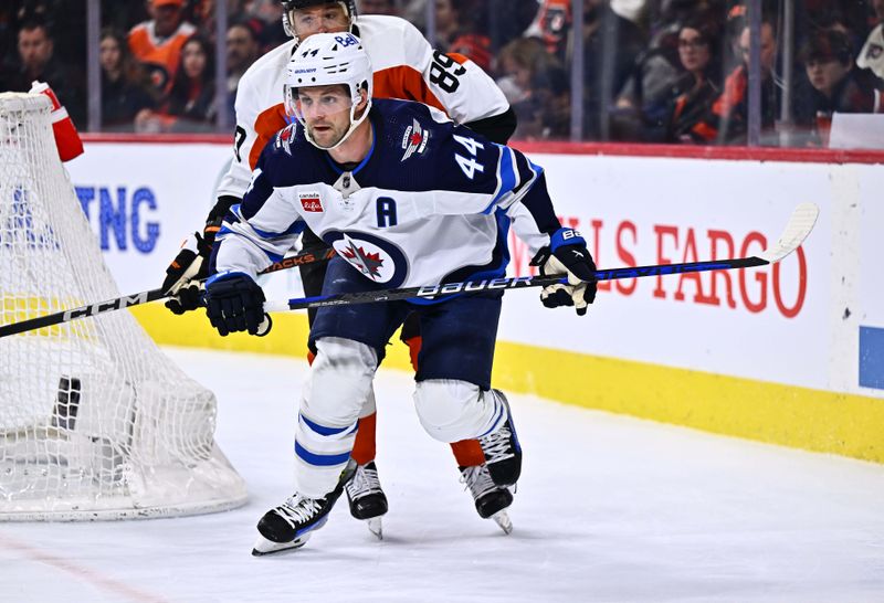 Feb 8, 2024; Philadelphia, Pennsylvania, USA; Winnipeg Jets defenseman Josh Morrissey (44) skates against Philadelphia Flyers right wing Cam Atkinson (89) in the second period at Wells Fargo Center. Mandatory Credit: Kyle Ross-USA TODAY Sports