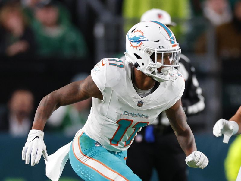 Miami Dolphins wide receiver Cedrick Wilson Jr. (11) in action against the Philadelphia Eagles during an NFL football game, Sunday, Oct. 22, 2023, in Philadelphia. The Eagles defeated the Dolphins 31-17. (AP Photo/Rich Schultz)