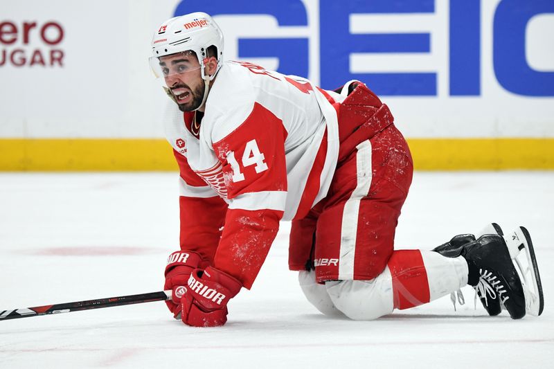 Mar 23, 2024; Nashville, Tennessee, USA; Detroit Red Wings center Robby Fabbri (14) on the ice after being hit by Nashville Predators defenseman Roman Josi (not pictured) during the second period at Bridgestone Arena. Mandatory Credit: Christopher Hanewinckel-USA TODAY Sports