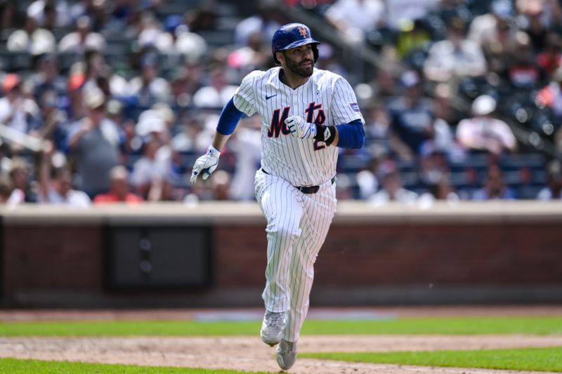 Jun 16, 2024; New York City, New York, USA; New York Mets designated hitter J.D. Martinez (28) hits a RBI double against the New York Mets during the fourth inning at Citi Field. Mandatory Credit: John Jones-USA TODAY Sports