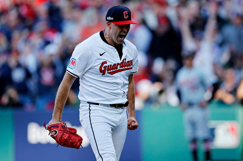 Oct 7, 2024; Cleveland, Ohio, USA; Cleveland Guardians pitcher Matthew Boyd (16) reacts after getting the last out of the fourth inning against the Detroit Tigers during game two of the ALDS for the 2024 MLB Playoffs at Progressive Field. Mandatory Credit: Scott Glavin-Imagn Images