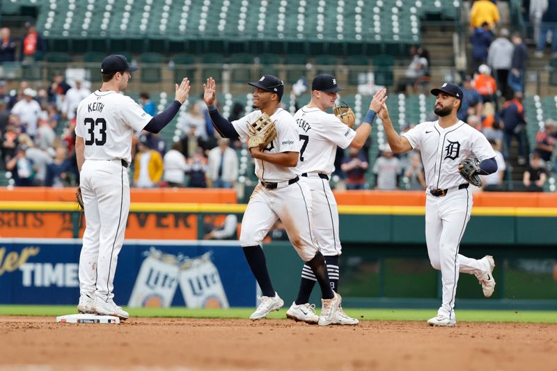 Sep 24, 2024; Detroit, Michigan, USA;  Detroit Tigers celebrate after defeating the Tampa Bay Rays at Comerica Park. Mandatory Credit: Rick Osentoski-Imagn Images