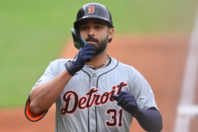 May 6, 2024; Cleveland, Ohio, USA; Detroit Tigers designated hitter Riley Greene (31) celebrates his solo home run in the first inning against the Cleveland Guardians at Progressive Field. Mandatory Credit: David Richard-USA TODAY Sports