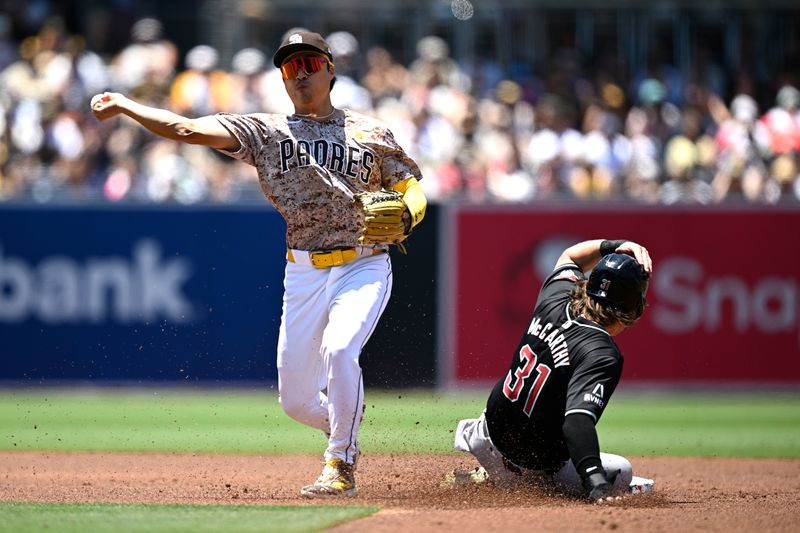 Jul 7, 2024; San Diego, California, USA; San Diego Padres shortstop Ha-Seong Kim (7) throws to first base after forcing out Arizona Diamondbacks left fielder Jake McCarthy (31) at second base to complete a double play during the second inning at Petco Park. Mandatory Credit: Orlando Ramirez-USA TODAY Sports