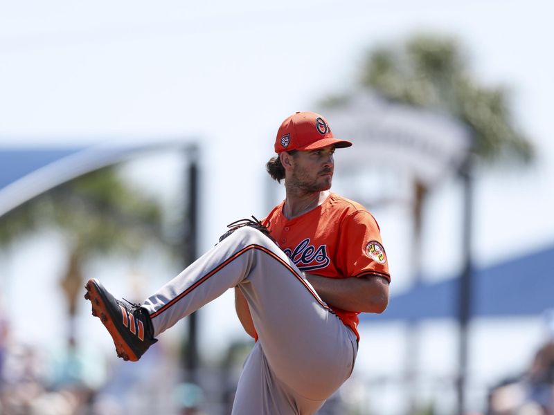 Mar 15, 2024; Port Charlotte, Florida, USA;  Baltimore Orioles starting pitcher Dean Kremer (64) throws a pitch against the Tampa Bay Rays in the first inning at Charlotte Sports Park. Mandatory Credit: Nathan Ray Seebeck-USA TODAY Sports