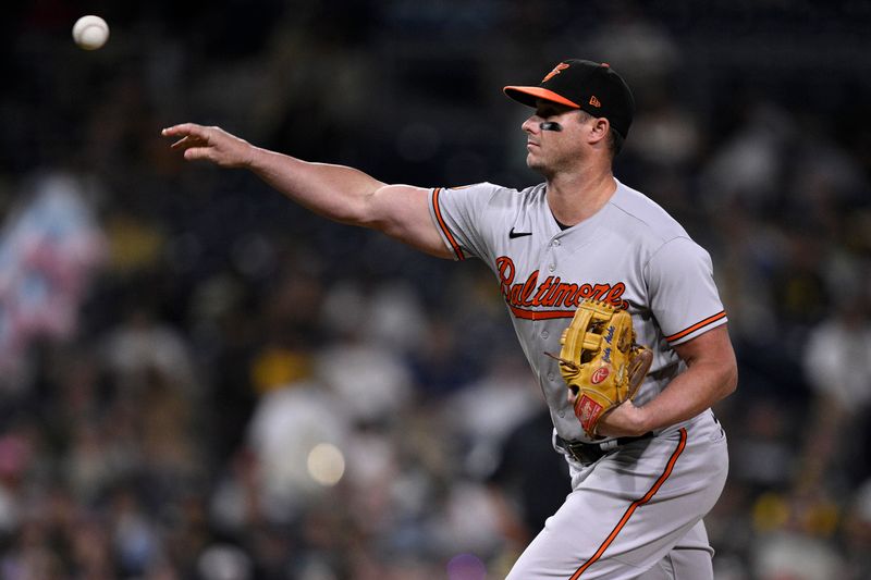 Aug 15, 2023; San Diego, California, USA; Baltimore Orioles catcher James McCann (27) pitches against the San Diego Padres during the eighth inning at Petco Park. Mandatory Credit: Orlando Ramirez-USA TODAY Sports