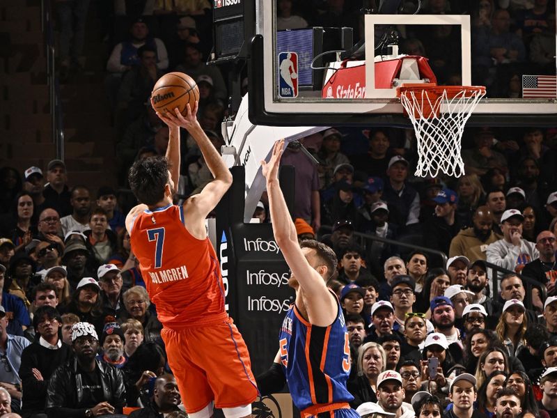 NEW YORK, NY - MARCH 31: Chet Holmgren #7 of the Oklahoma City Thunder shoots the ball during the game against the New York Knicks on March 31, 2024 at Madison Square Garden in New York City, New York.  NOTE TO USER: User expressly acknowledges and agrees that, by downloading and or using this photograph, User is consenting to the terms and conditions of the Getty Images License Agreement. Mandatory Copyright Notice: Copyright 2024 NBAE  (Photo by David Dow/NBAE via Getty Images)