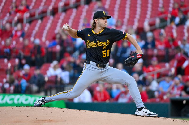 May 5, 2025; St. Louis, Missouri, USA;  Pittsburgh Pirates starting pitcher Carmen Mlodzinski (50) pitches against the St. Louis Cardinals during the first inning at Busch Stadium. Mandatory Credit: Jeff Curry-Imagn Images
