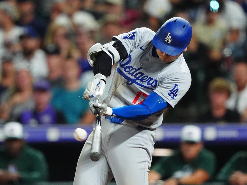 Sep 28, 2024; Denver, Colorado, USA; Los Angeles Dodgers designated hitter Shohei Ohtani (17) swings in the seventh inning against the Colorado Rockies at Coors Field. Mandatory Credit: Ron Chenoy-Imagn Images 