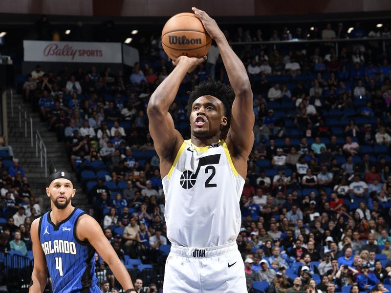 ORLANDO, FL - FEBRUARY 29: Colin Sexton #2 of the Utah Jazz shoots a free throw during the game against the Orlando Magic on February 29, 2024 at Amway Center in Orlando, Florida. NOTE TO USER: User expressly acknowledges and agrees that, by downloading and or using this photograph, User is consenting to the terms and conditions of the Getty Images License Agreement. Mandatory Copyright Notice: Copyright 2024 NBAE (Photo by Fernando Medina/NBAE via Getty Images)