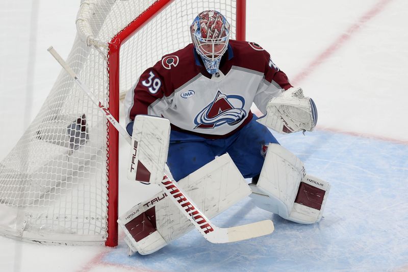 Dec 4, 2025; Elmont, New York, USA; Colorado Avalanche goaltender Mackenzie Blackwood (39) tends net against the New York Islanders during the second period at UBS Arena. Mandatory Credit: Brad Penner-Imagn Images