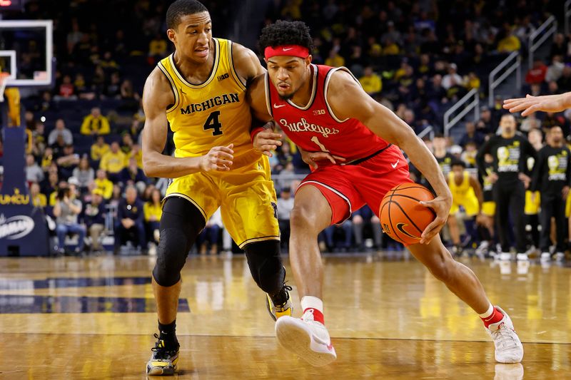 Jan 15, 2024; Ann Arbor, Michigan, USA; Ohio State Buckeyes guard Roddy Gayle Jr. (1) dribbles as Michigan Wolverines guard Nimari Burnett (4) defends in the second half at Crisler Center. Mandatory Credit: Rick Osentoski-USA TODAY Sports