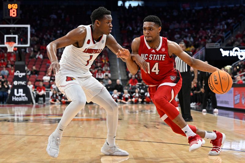 Jan 13, 2024; Louisville, Kentucky, USA;  North Carolina State Wolfpack guard Casey Morsell (14) dribbles the ball against Louisville Cardinals guard Curtis Williams (1) during the first half at KFC Yum! Center.  Mandatory Credit: Jamie Rhodes-USA TODAY Sports