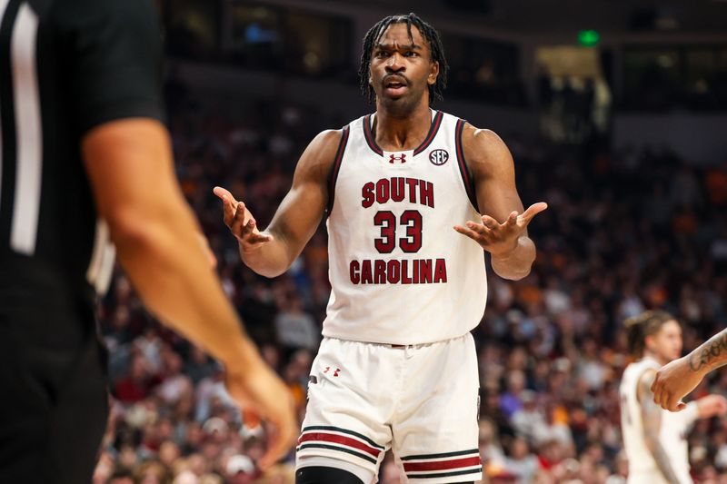 Mar 6, 2024; Columbia, South Carolina, USA; South Carolina Gamecocks guard Ta'Lon Cooper (55) disputes a call against the Tennessee Volunteers in the first half at Colonial Life Arena. Mandatory Credit: Jeff Blake-USA TODAY Sports