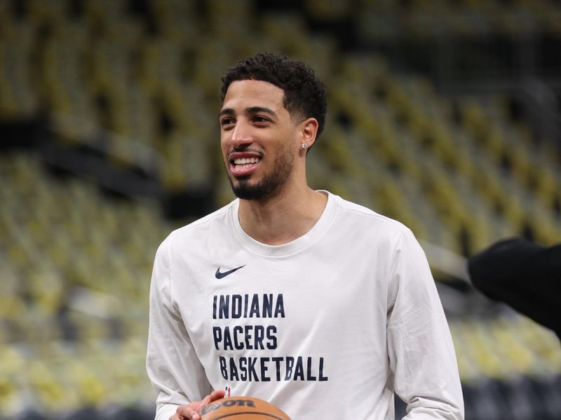 INDIANAPOLIS, IN - MAY 11: Tyrese Haliburton #0 of the Indiana Pacers smiles before the game against the Cleveland Cavaliers   during Round 2 Game 3 of the 2025 NBA Playoffs  on May 11, 2025 at Gainbridge Fieldhouse in Indianapolis, Indiana. NOTE TO USER: User expressly acknowledges and agrees that, by downloading and or using this Photograph, user is consenting to the terms and conditions of the Getty Images License Agreement. Mandatory Copyright Notice: Copyright 2025 NBAE (Photo by Joe MurphyNBAE via Getty Images)