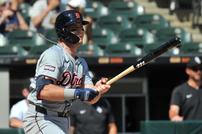 Aug 25, 2024; Chicago, Illinois, USA; Detroit Tigers second base Jace Jung (17) hits an RBI single during the fifth inning against the Chicago White Sox at Guaranteed Rate Field. Mandatory Credit: Patrick Gorski-USA TODAY Sports