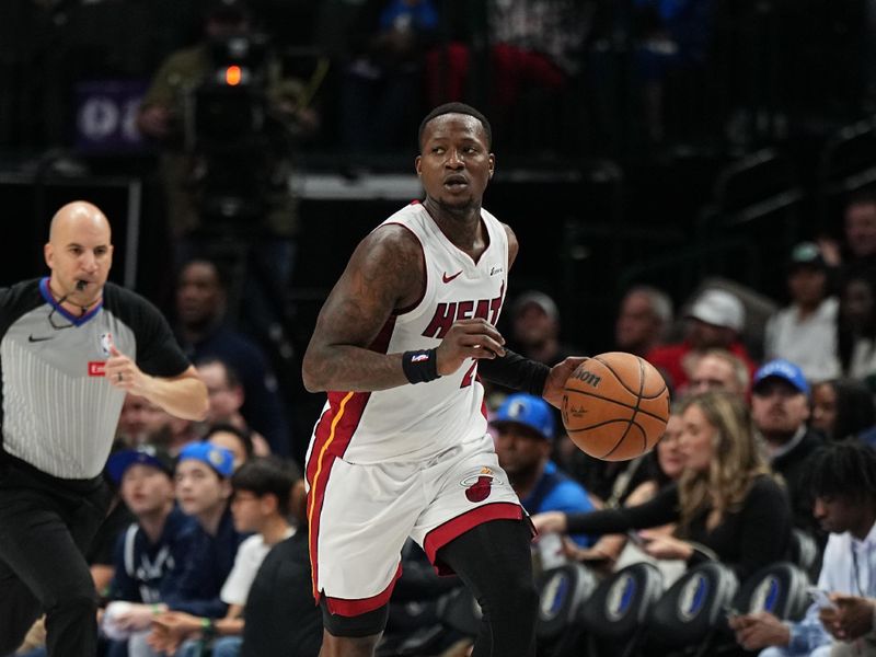 DALLAS, TX - MARCH 7: Terry Rozier #2 of the Miami Heat dribbles the ball during the game against the Dallas Mavericks on March 7, 2024 at the American Airlines Center in Dallas, Texas. NOTE TO USER: User expressly acknowledges and agrees that, by downloading and or using this photograph, User is consenting to the terms and conditions of the Getty Images License Agreement. Mandatory Copyright Notice: Copyright 2024 NBAE (Photo by Glenn James/NBAE via Getty Images)