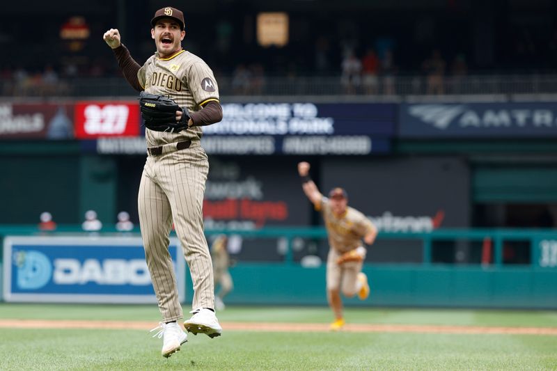 Jul 25, 2024; Washington, District of Columbia, USA; San Diego Padres starting pitcher Dylan Cease (84) celebrates after the final out of a no-hitter against the Washington Nationals at Nationals Park. Mandatory Credit: Geoff Burke-USA TODAY Sports