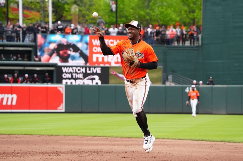 Apr 27, 2024; Baltimore, Maryland, USA; Baltimore Orioles second baseman Jorge Mateo (3) flips the ball to first base to record the final out during the ninth inning against the Oakland Athletics  at Oriole Park at Camden Yards. Mandatory Credit: Gregory Fisher-USA TODAY Sports