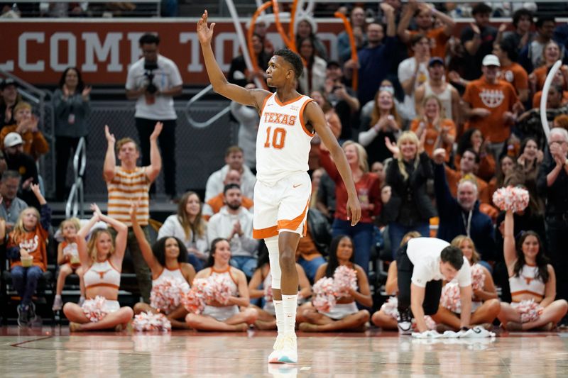 Feb 18, 2023; Austin, Texas, USA; Texas Longhorns guard Sir'Jabari Rice (10) reacts to a play during the second half against the Oklahoma Sooners at Moody Center. Mandatory Credit: Scott Wachter-USA TODAY Sports